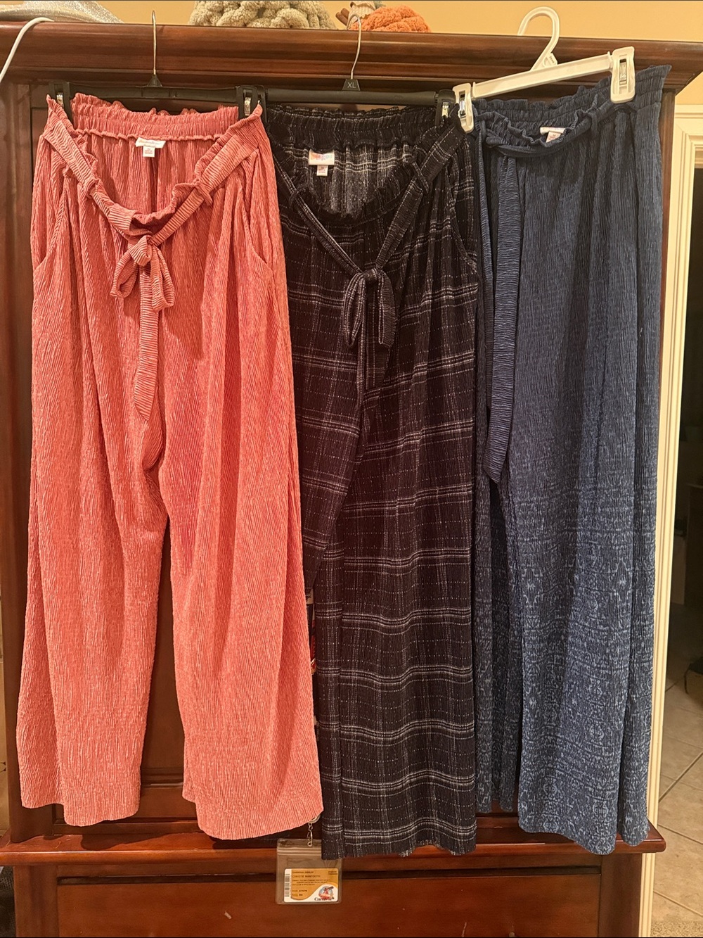LuLaRoe Wide-Leg Dianne Paper Bag Pants in Coral, Black Plaid & Navy